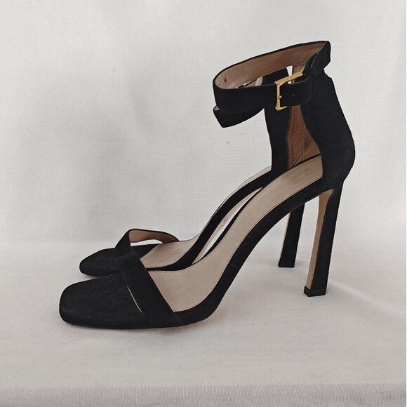 Stuart Weitzman Square Nudist 100 Pump Heels Black Suede Ankle Strap - Picture 2 of 12